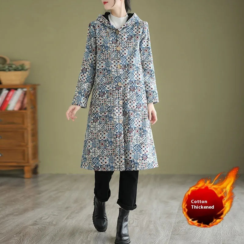 Ethnic Style Fleece-lined Thick Mid-length Hooded Jacket