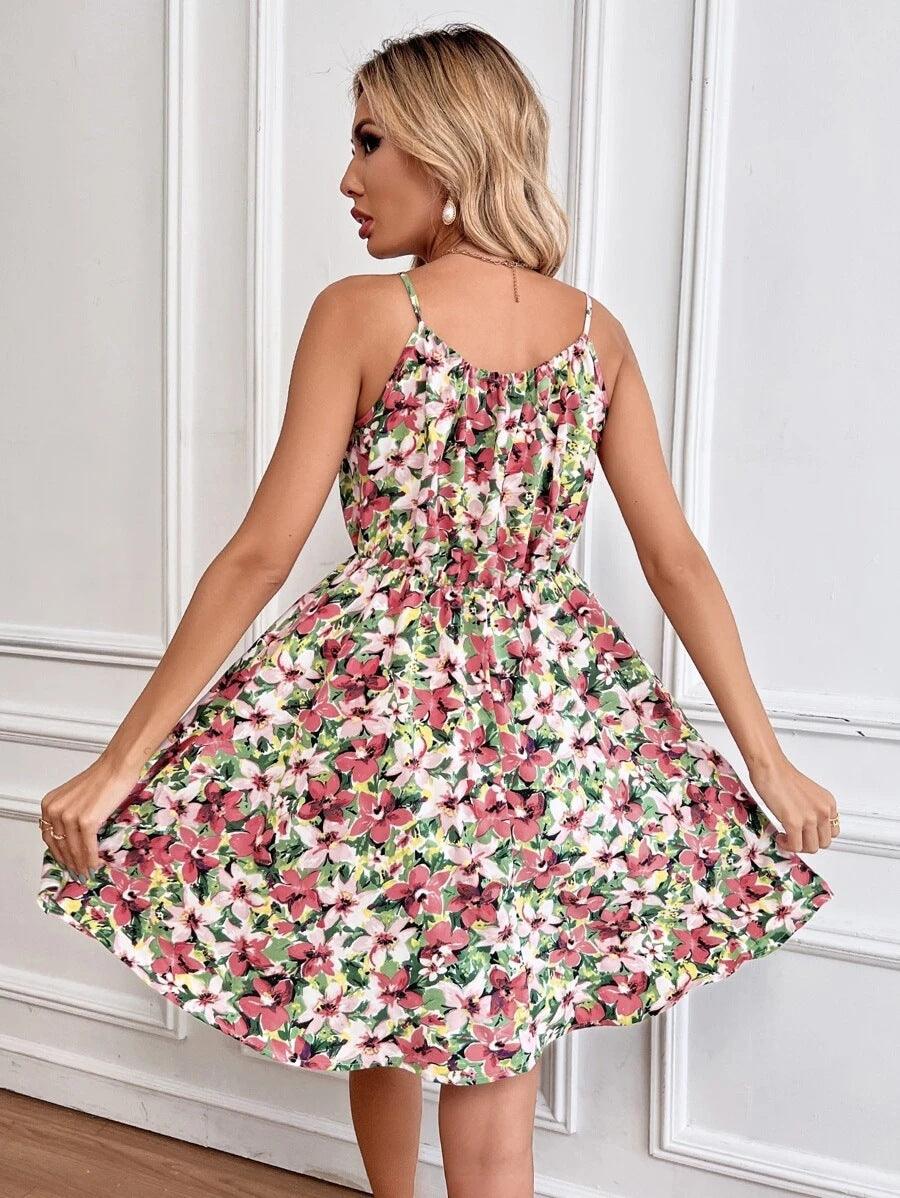 Floral Print Suspender Dress With Elastic Waist Design Fashion Summer Short Dresses Womens Clothing - Elite Essence Store