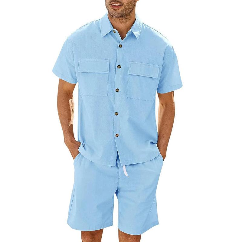 Summer Suits Men Short Sleeve Lapel Pockets Shirt And Drawstring Shorts Sports Fashion Leisure Men's Clothing - Elite Essence Store