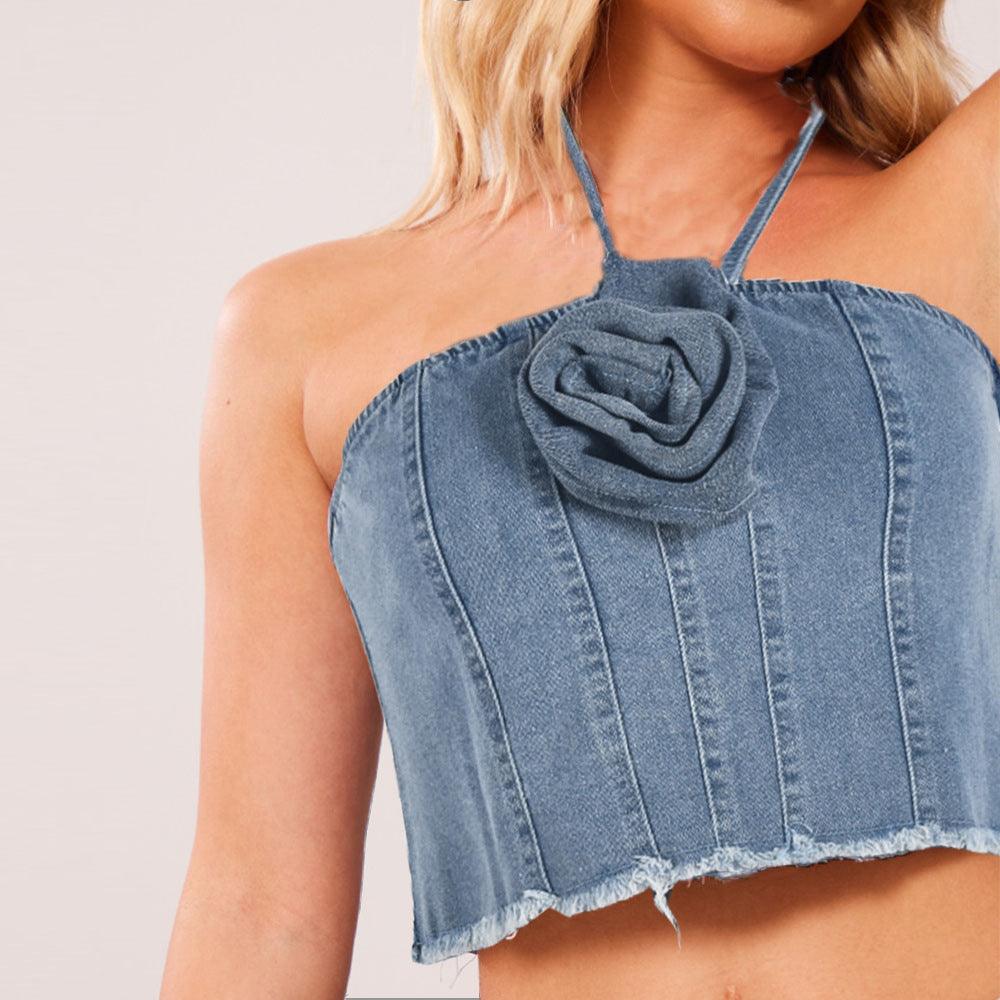 Women's Halter Tube Top Three-dimensional Flower Denim Top - Elite Essence Store