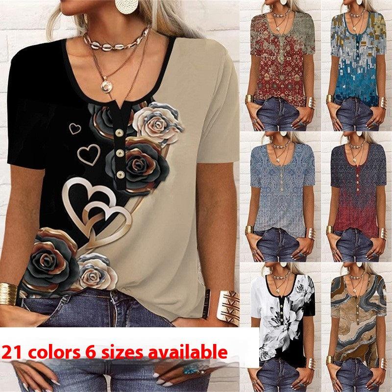 Summer Loose Short Sleeves Geometric Floral U-neck Button T-shirt - Elite Essence Store