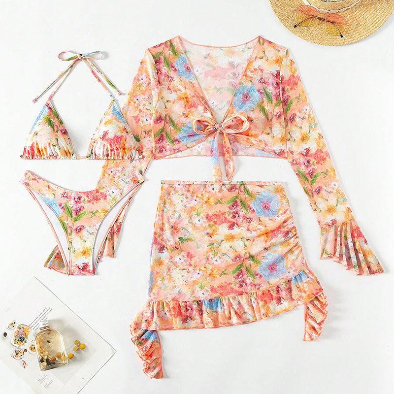 New European And American Printing Stylish Beach Dress Bikini Four-piece Suit - Elite Essence Store