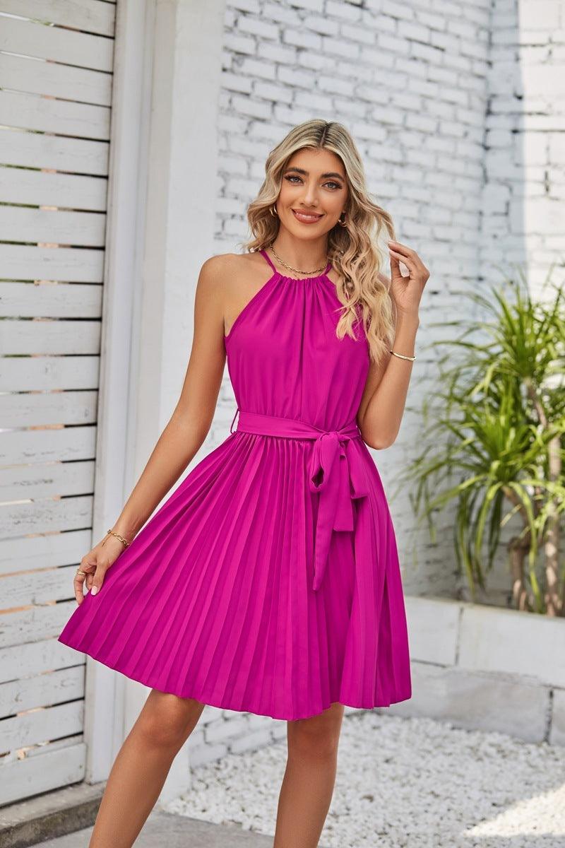 Halter Strapless Dresses For Women Solid Pleated Skirt Summer Beach Sundress - Elite Essence Store