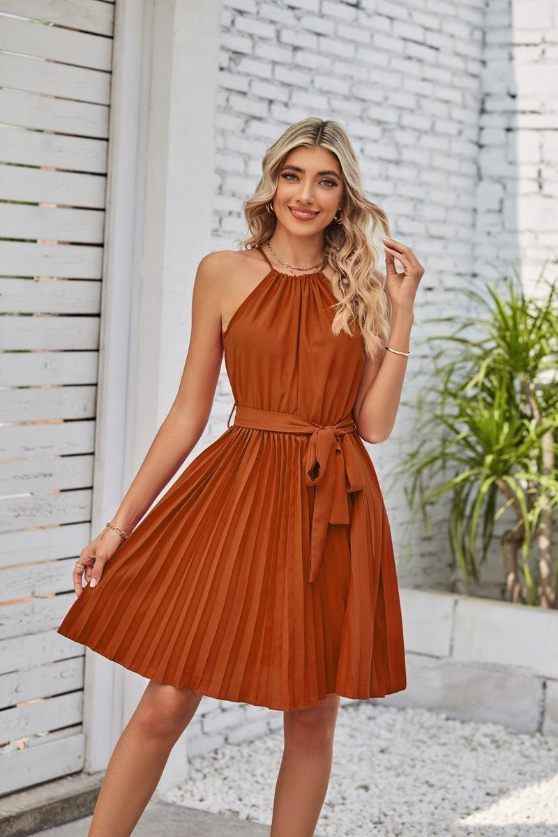 Halter Strapless Dresses For Women Solid Pleated Skirt Summer Beach Sundress - Elite Essence Store