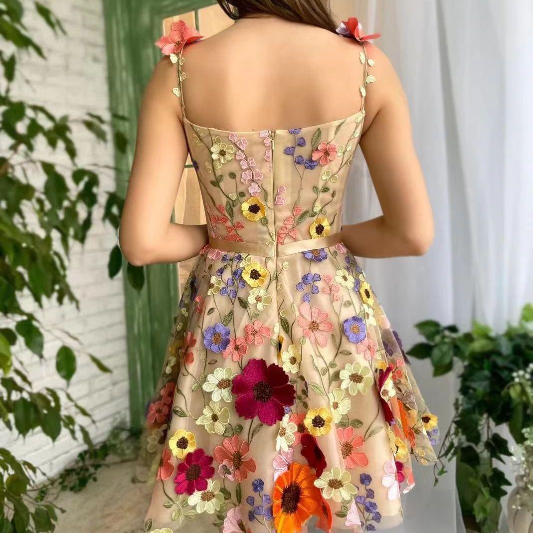 Three-dimensional Flower Embroidery Dress Summer Fashion Sweet A-line Suspender Dresses For Womens Clothing - Elite Essence Store