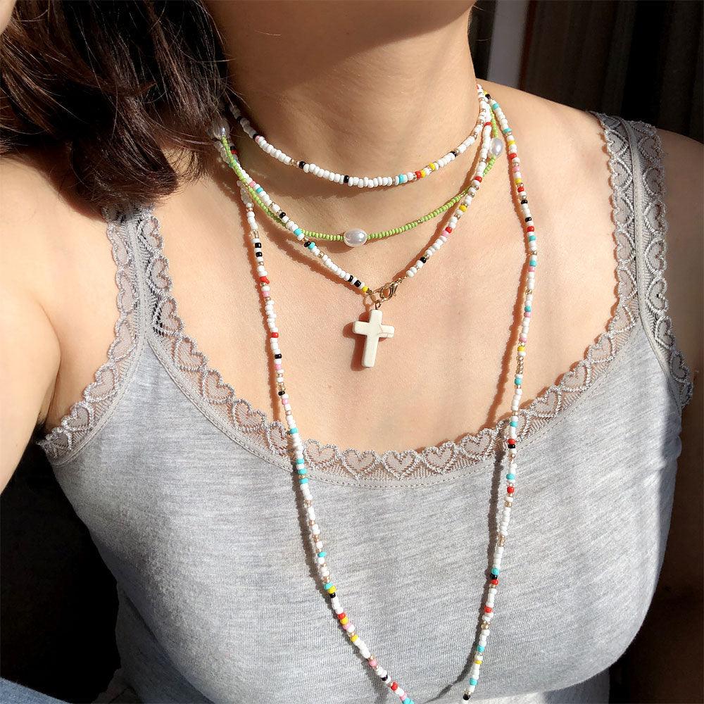 Handmade Color Small Rice-shaped Beads Long Double-layer Shell Cross Pendant Necklace - Elite Essence Store