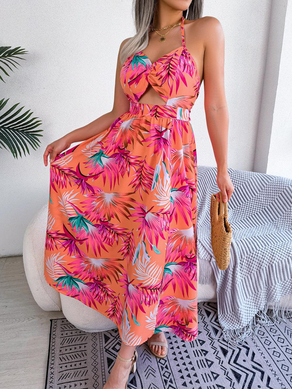 European And American Flower Sleeveless Cutout Sling Long Dress Holiday Beach Dress - Elite Essence Store