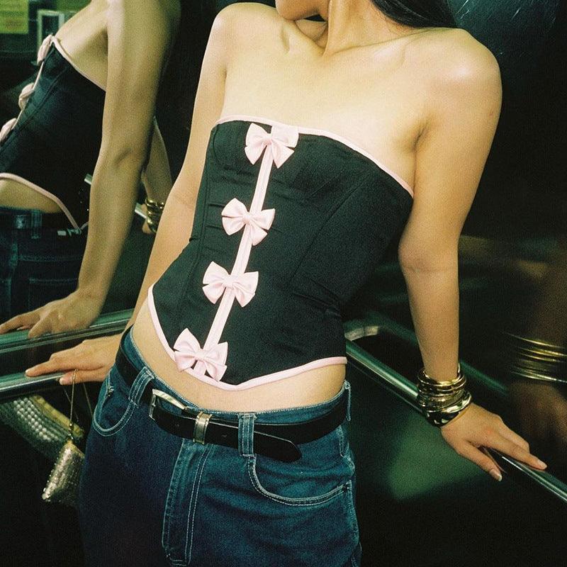 Bow Splicing Package Edge Contrast Color Sleeveless Tube Top - Elite Essence Store