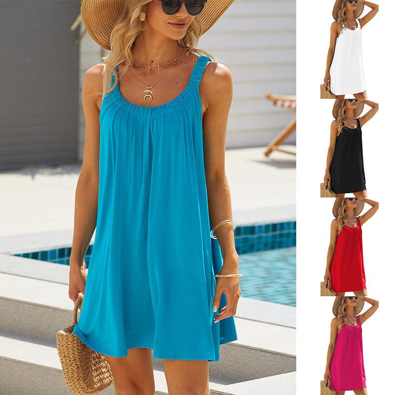 Solid Color Loose Beach Dress Casual Vacation Suspender Dresses Summer Round-neck Womens Clothing - Elite Essence Store