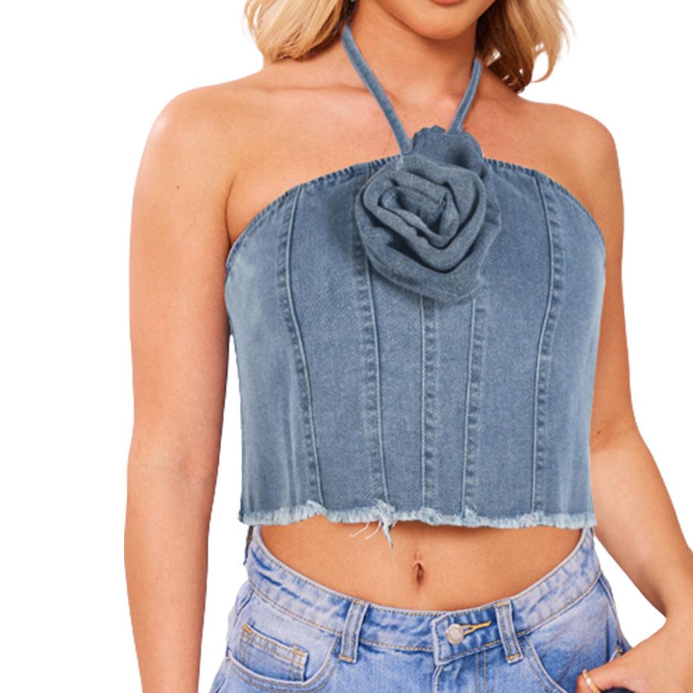 Women's Halter Tube Top Three-dimensional Flower Denim Top - Elite Essence Store