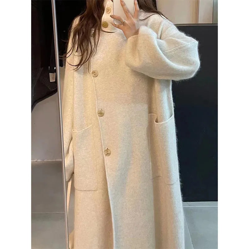 Mid-length Wool Overcoat Coat Women's Outer Wear Turtleneck Knitting Sweater Cardigan