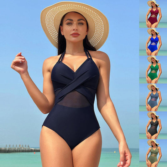 Halter-neck One-piece Swimsuit Summer Solid Color Cross-strap Design Mesh Bikini Beach Vacation Womens Clothing - Elite Essence Store