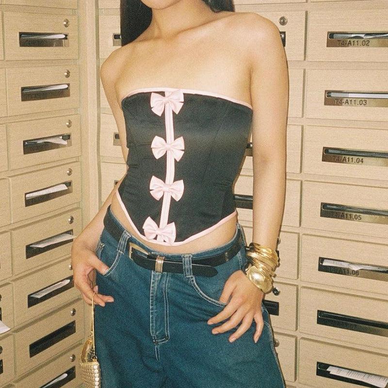 Bow Splicing Package Edge Contrast Color Sleeveless Tube Top - Elite Essence Store