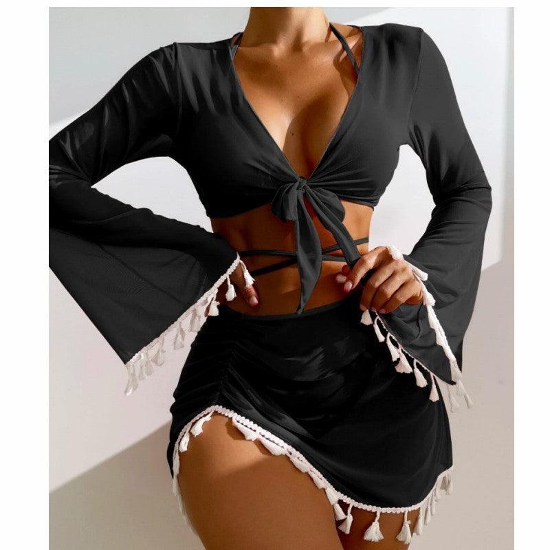 4pcs Solid Color Bikini With Short Skirt And Long Sleeve Cover-up Fashion Bow Tie Fringed Swimsuit Set Summer Beach Womens Clothing - Elite Essence Store