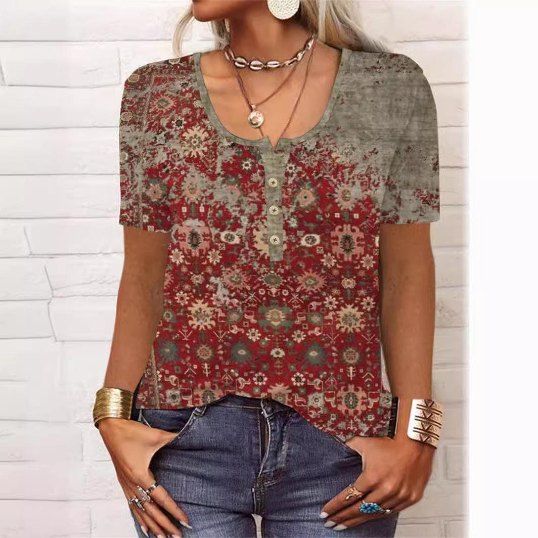 Summer Loose Short Sleeves Geometric Floral U-neck Button T-shirt - Elite Essence Store