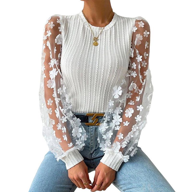 Women's Mesh Small Flower Chiffon Shirt Summer Round Neck Long Sleeve Top - Elite Essence Store