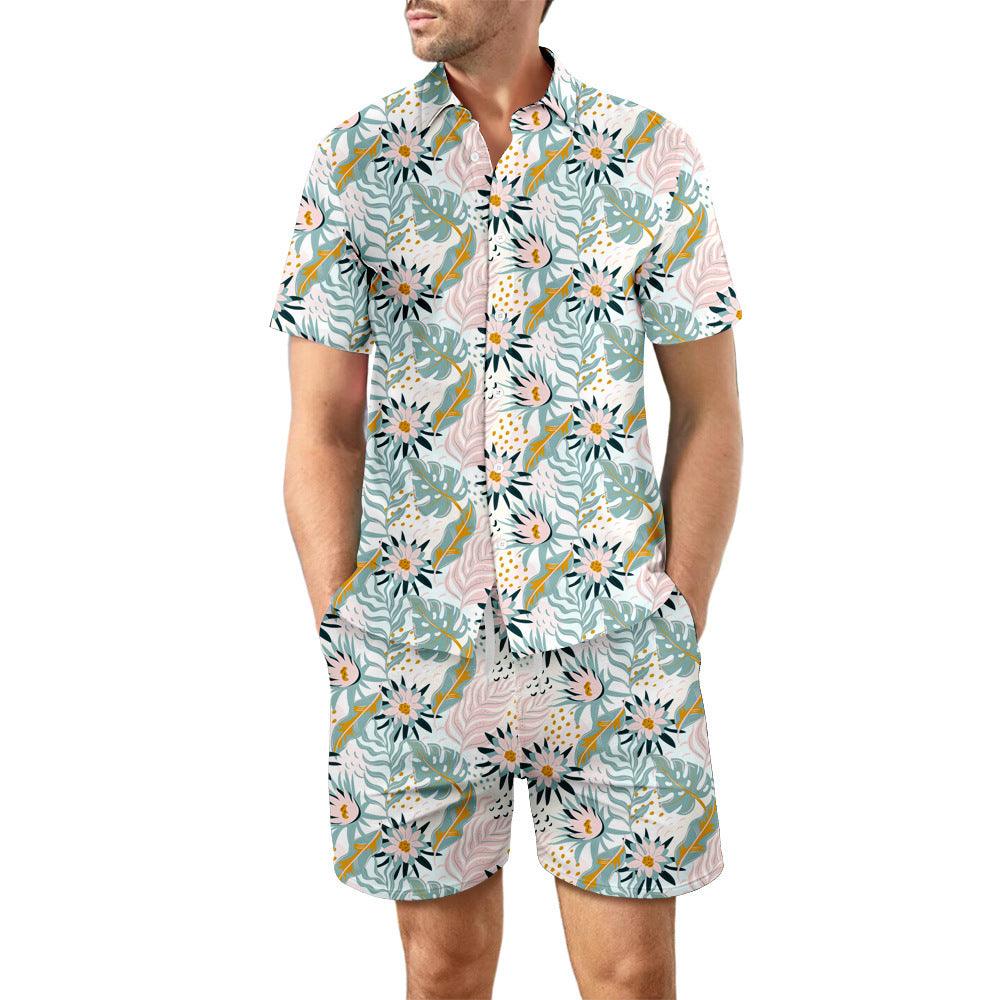 2Pcs Printed Beach Shirt Summer Suit Loose Lapel Button Top And Drawstring Pockets Shorts Casual Short Sleeve Suits For Men Clothing - Elite Essence Store