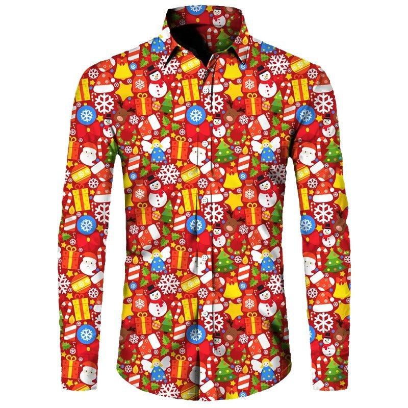 Funny Christmas Theme Digital 3D Printing Men's Button Lining Casual Long Sleeve - Elite Essence Store