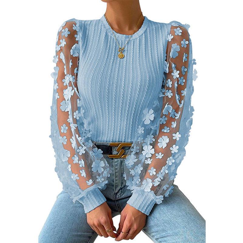 Women's Mesh Small Flower Chiffon Shirt Summer Round Neck Long Sleeve Top - Elite Essence Store