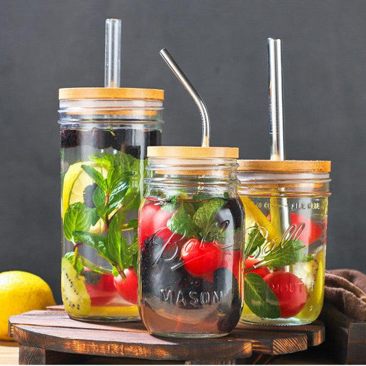 With Straw Hole Glass Bottle Mason Drinking Cup - Elite Essence Store