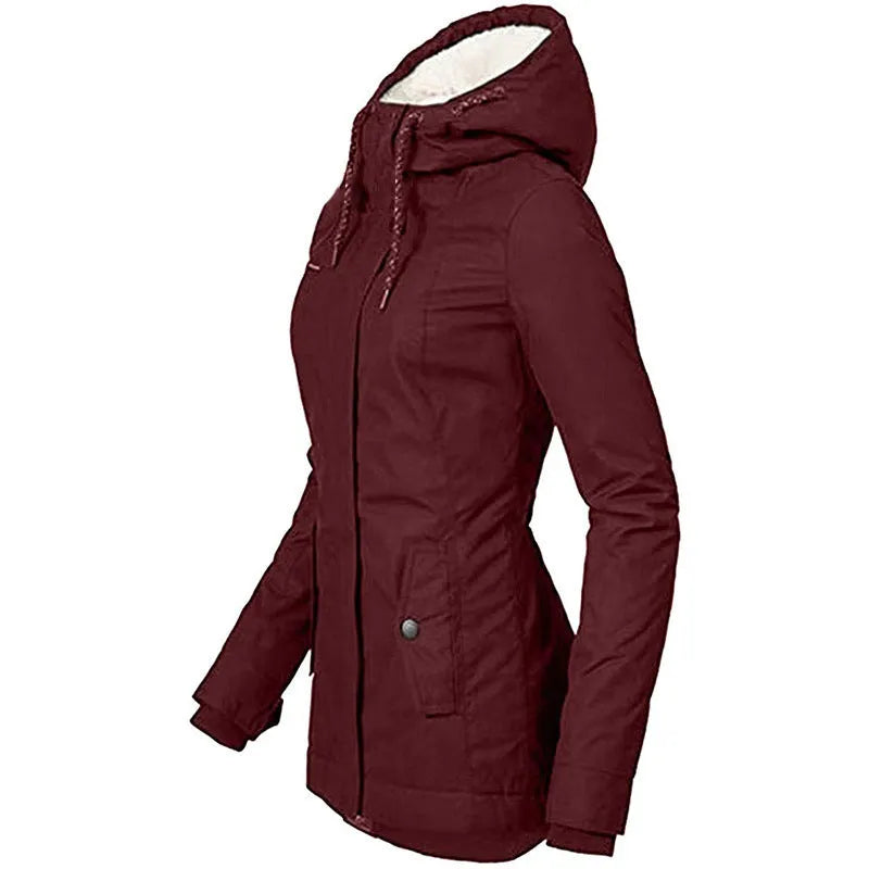 Solid Color Pocket Long-sleeve Zipper Fleece Padded Coat Women