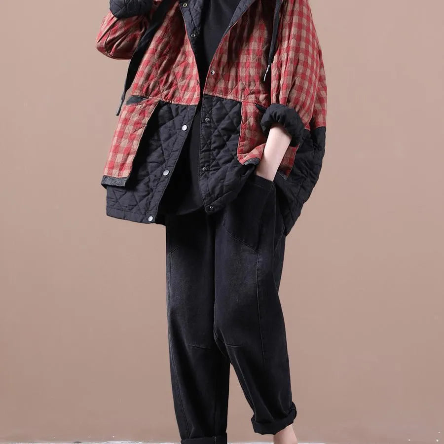 Artistic Plus Size Cotton Linen Cotton-padded Coat Plaid Coat