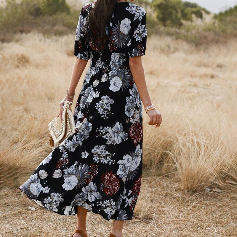 Floral Summer Beach Dress With V Neck Elastic Waist Dresses For Women - Elite Essence Store