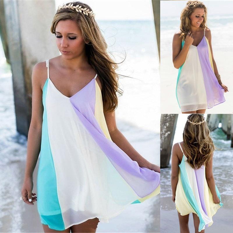 Chiffon Rainbow Sling Dress Beach Dress - Elite Essence Store