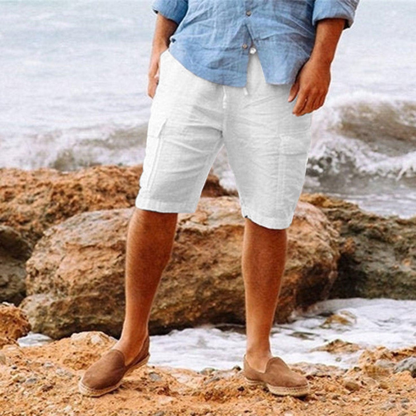 Men's Casual Vacation Beach Hawaiian Cotton Linen Multi-pocket Workwear Shorts - Elite Essence Store