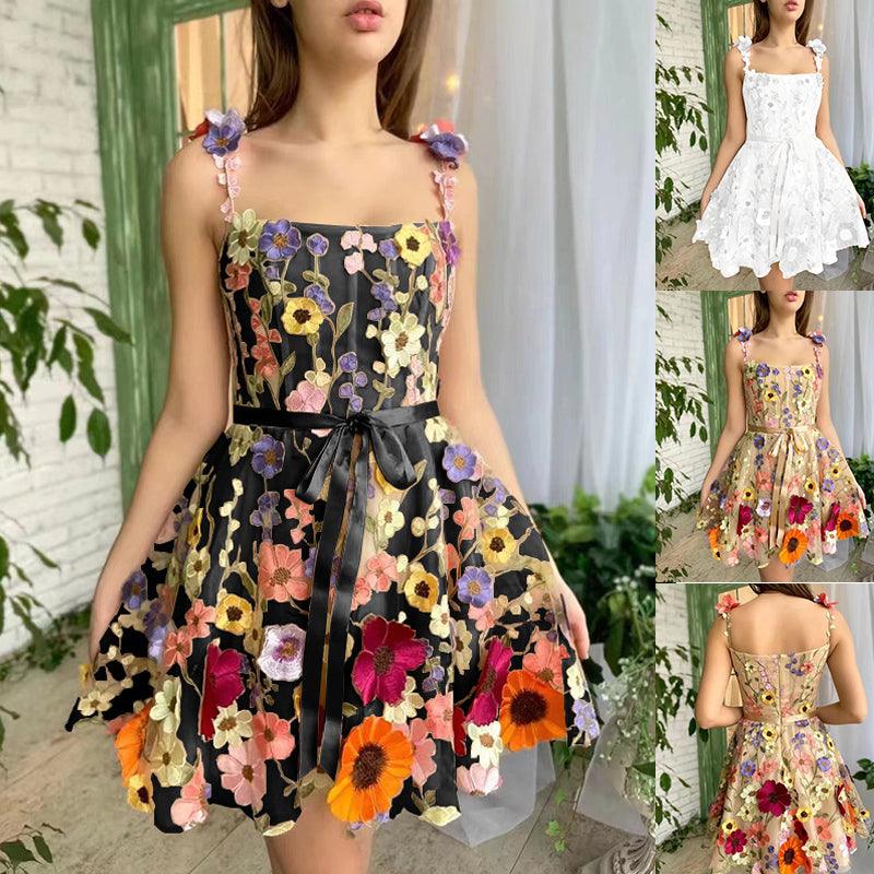 Three-dimensional Flower Embroidery Dress Summer Fashion Sweet A-line Suspender Dresses For Womens Clothing - Elite Essence Store