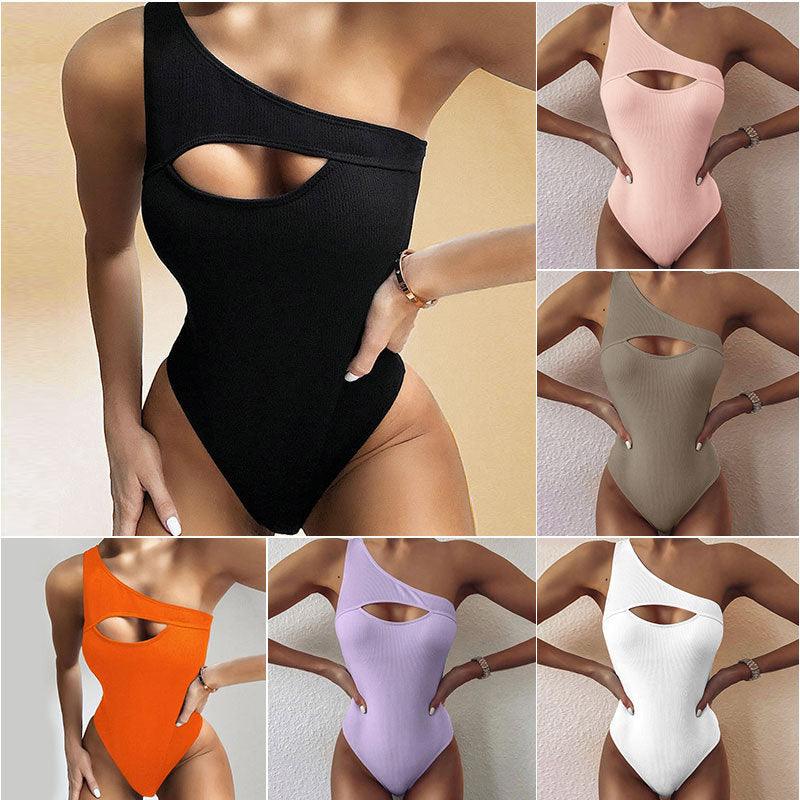 New Bikini Solid Color One-shoulder One-piece Swimsuit Women - Elite Essence Store