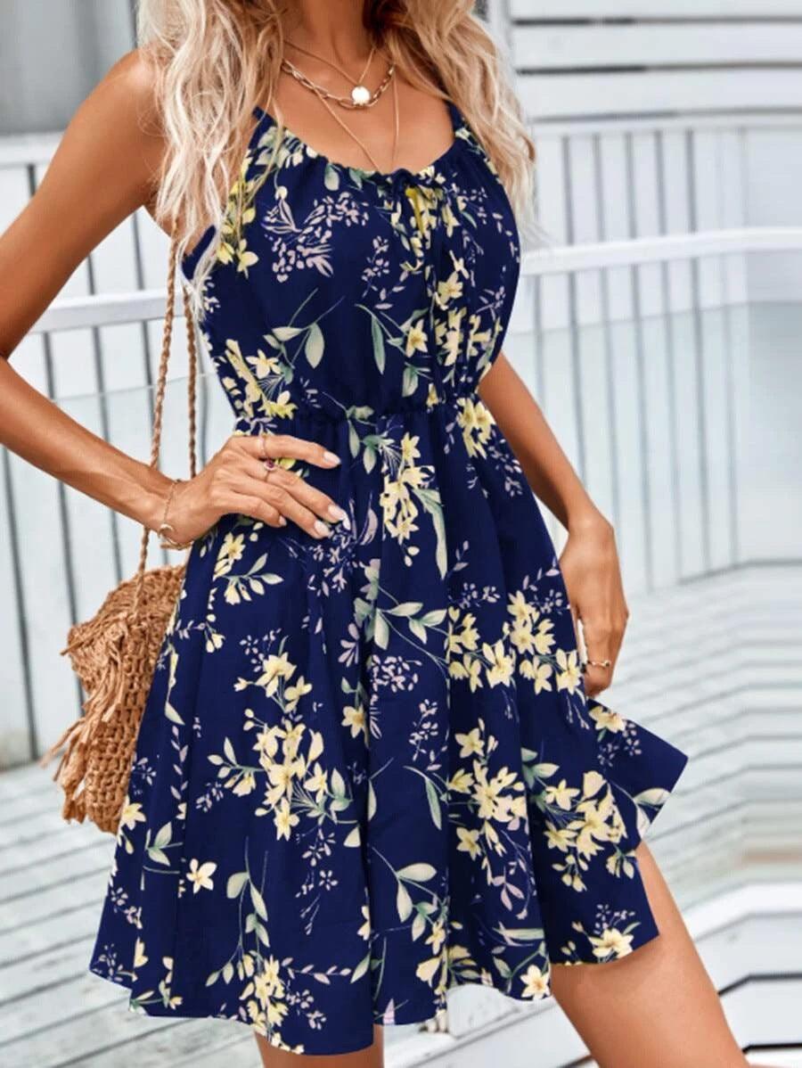 Floral Print Suspender Dress With Elastic Waist Design Fashion Summer Short Dresses Womens Clothing - Elite Essence Store