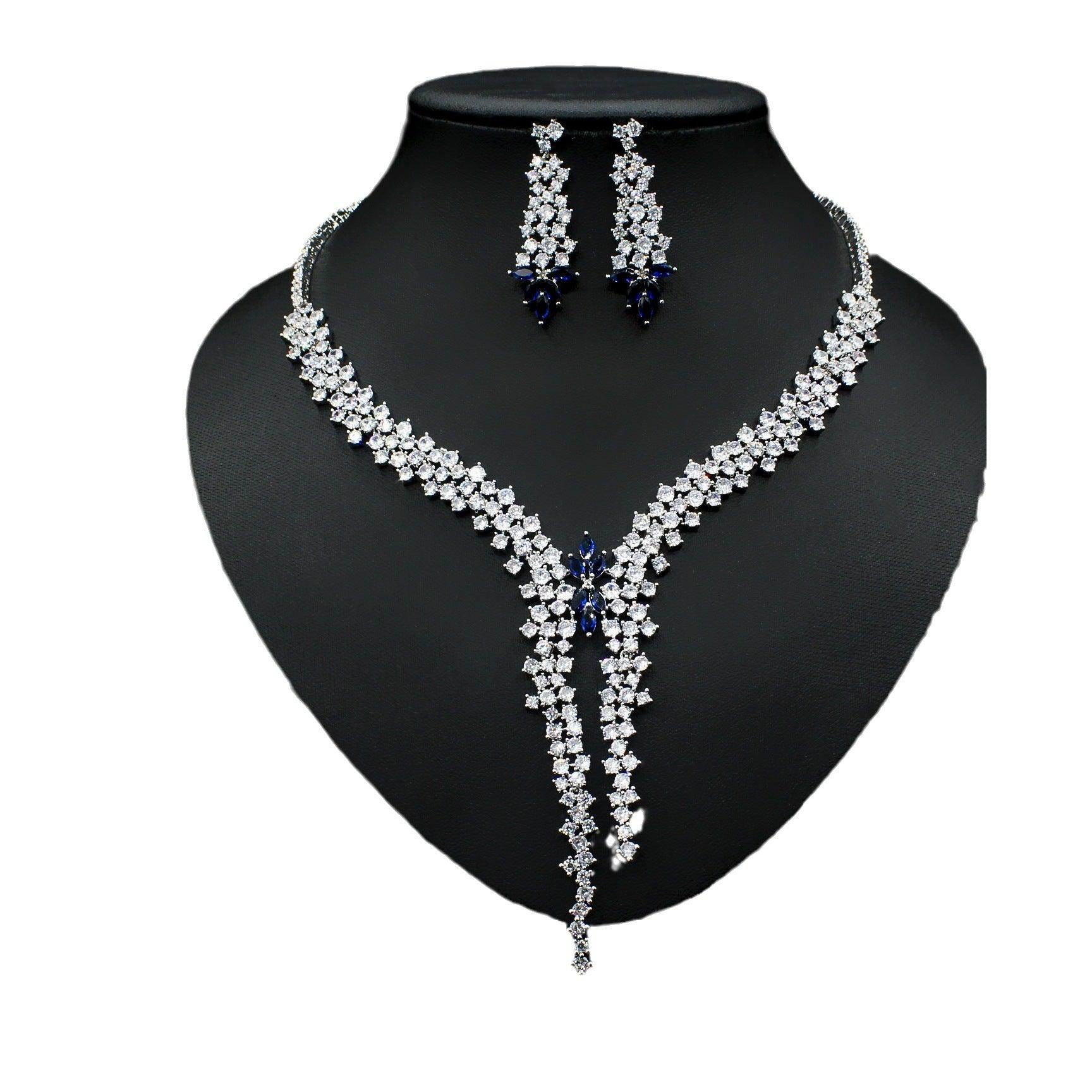 Silver Needle Fashion Exaggerated Inlaid Zircon Earrings And Necklace Set - Elite Essence Store