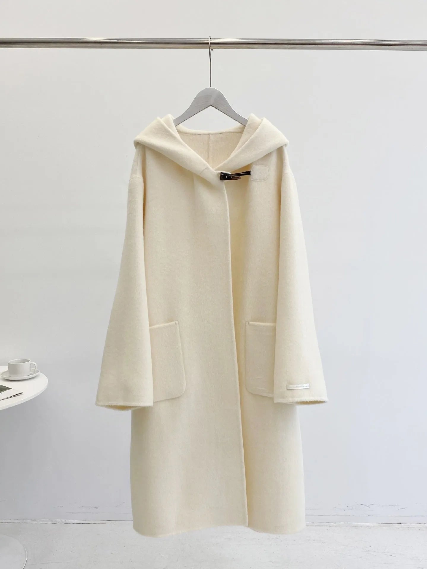 Hooded Dehaired Angora Horn Button Design Cape Reversible Cashmere Coat