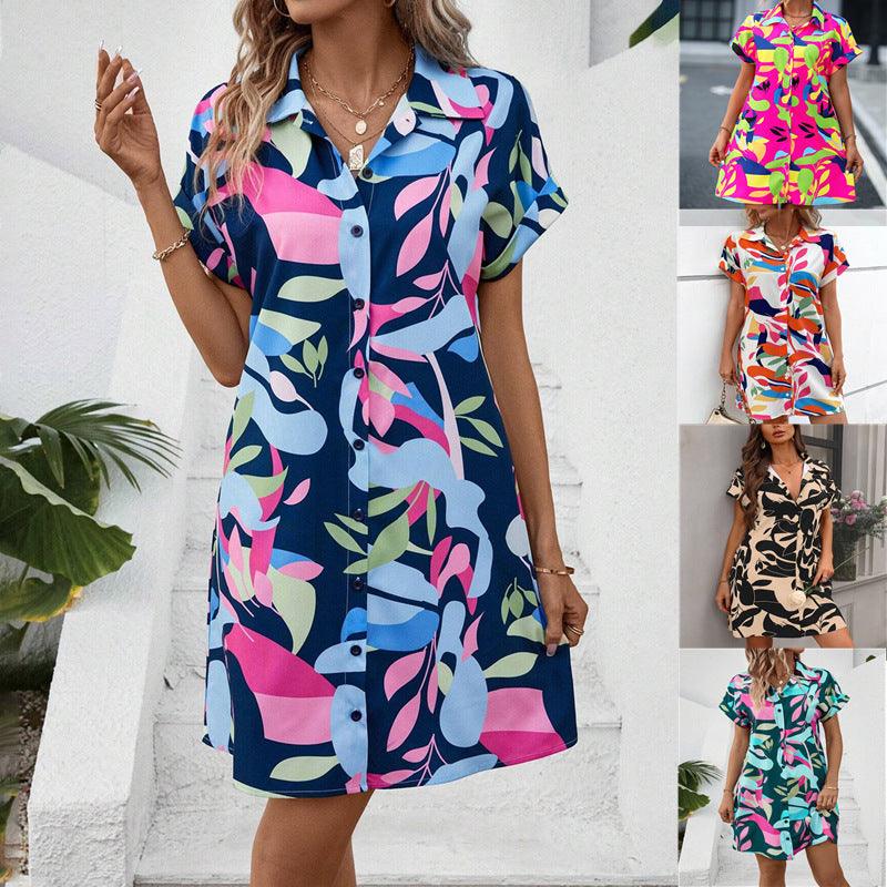 New Floral Print Short Sleeve Shirt Dress Summer Fashion Lapel Loose A-line Dresses For Womens Clothing - Elite Essence Store