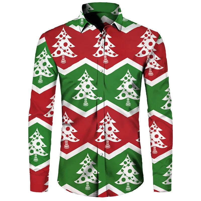 Funny Christmas Theme Digital 3D Printing Men's Button Lining Casual Long Sleeve - Elite Essence Store