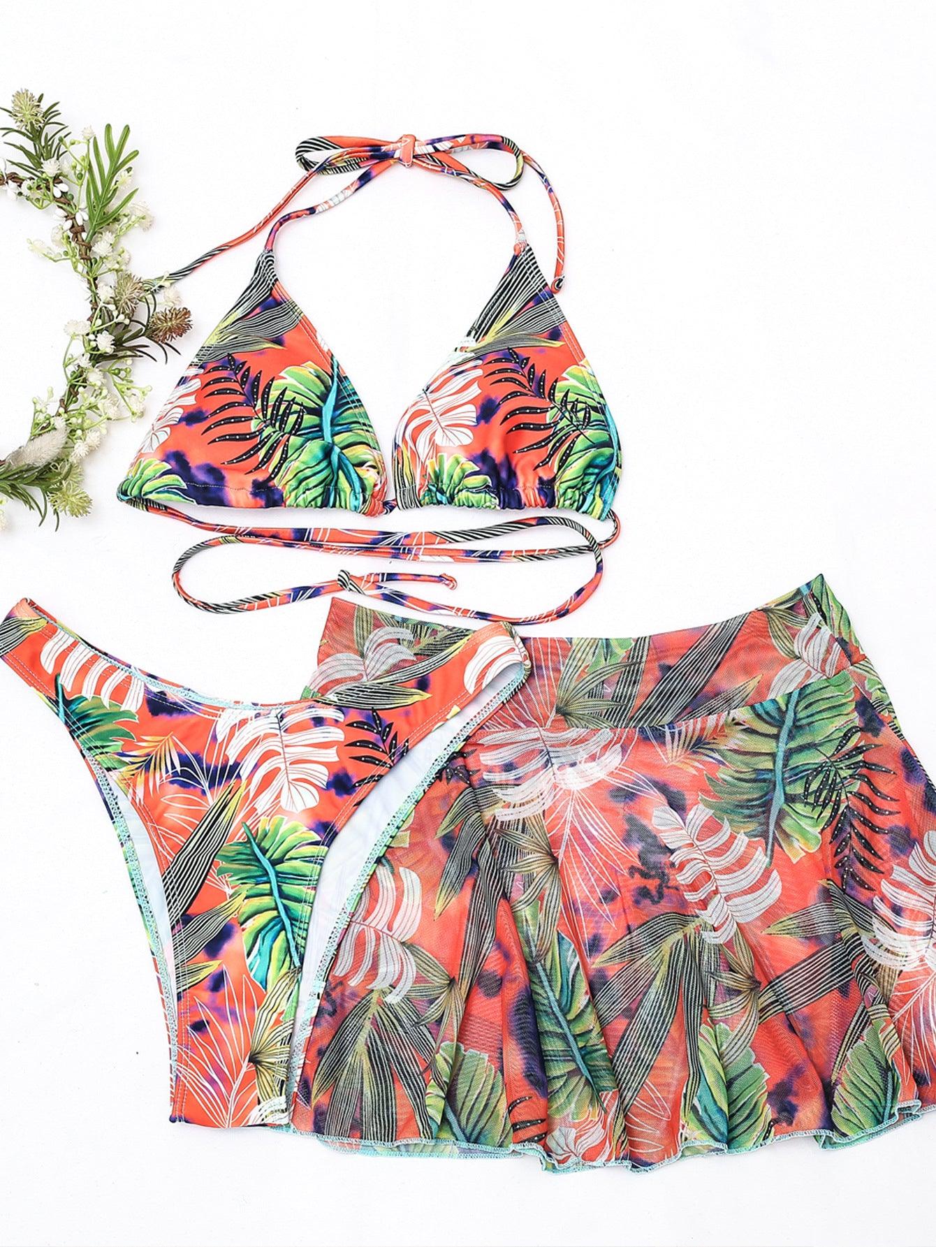 Big Flower Leaf Three Piece Swimsuit Bikini - Elite Essence Store