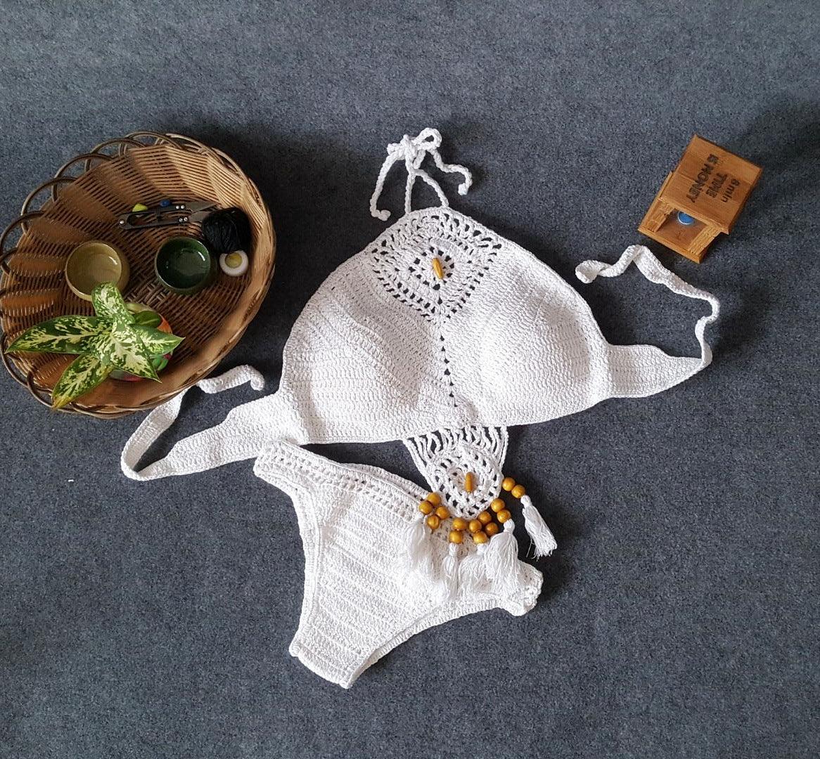 European And American New Women's Swimsuit Suit Beach Sunshine Bath Foreign Trade Handmade Crochet Tassel Split Bikini - Elite Essence Store