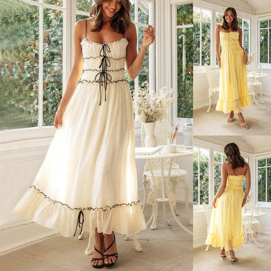 Summer Suspender Spaghetti Strap Long Dresses With Bow Pleat Design Fashion Sweet Bow Beach Dress For Womens Clothing - Elite Essence Store