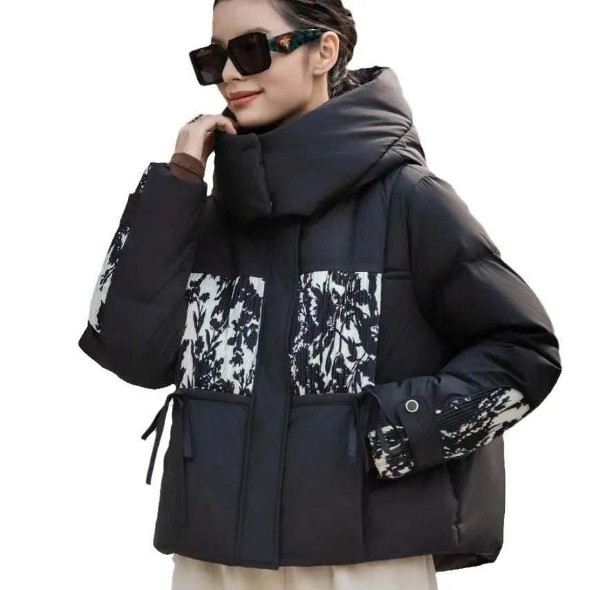 2 Korean Style Loose Lapel Hooded Short Stitching Down Jacket