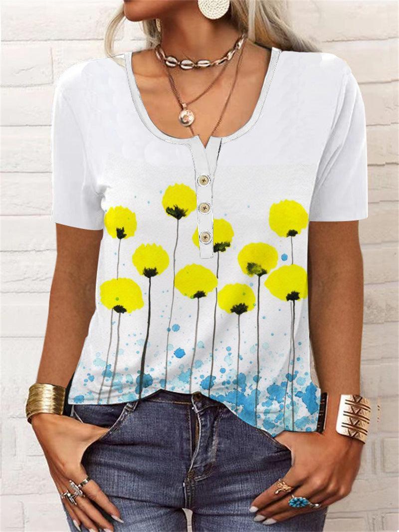 Summer Loose Short Sleeves Geometric Floral U-neck Button T-shirt - Elite Essence Store