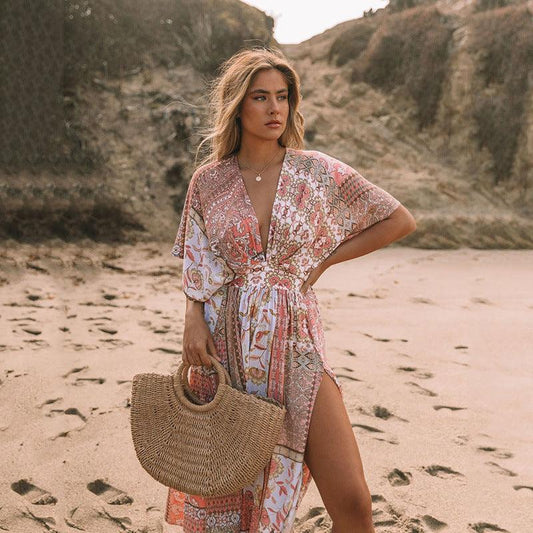 Women's Flowers Printed Dress Bohemian Irregular Beach Clothes - Elite Essence Store