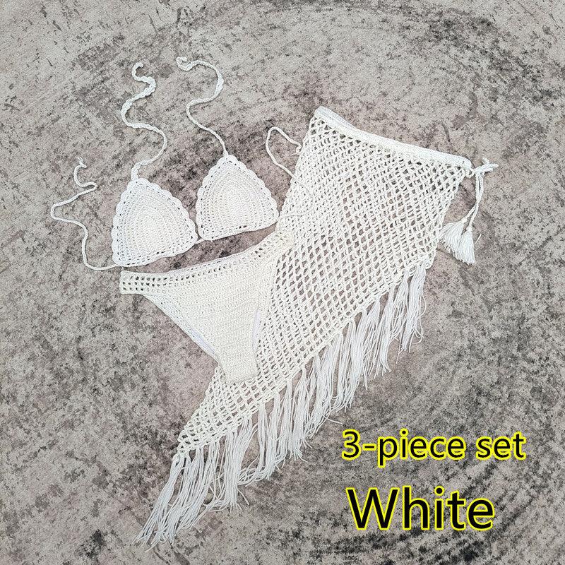 3-piece European And American Handmade Crochet Bikini Beach Skirt Swimsuit Suit - Elite Essence Store