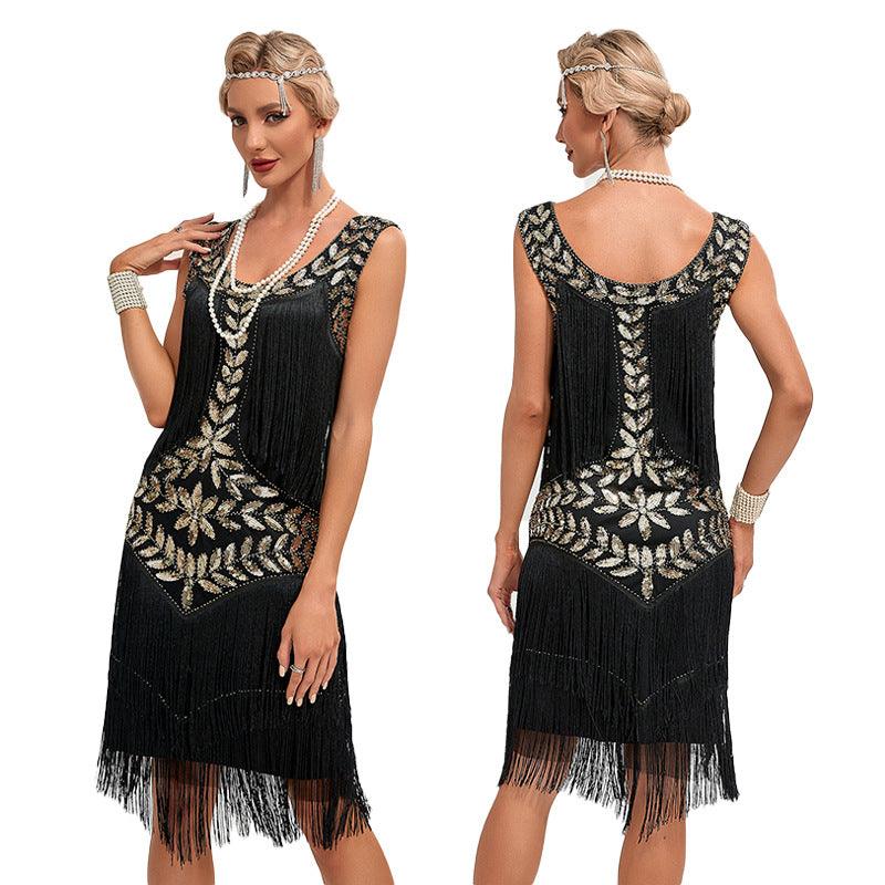 Retro Dance Ladies Round Neck Sequins Size Dress - Elite Essence Store