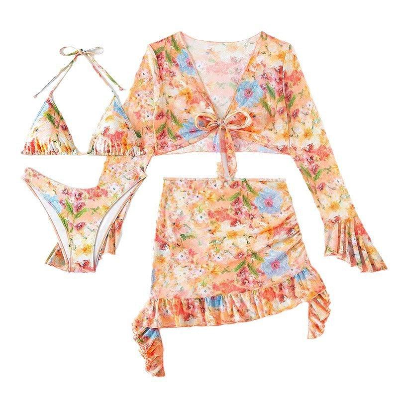 New European And American Printing Stylish Beach Dress Bikini Four-piece Suit - Elite Essence Store