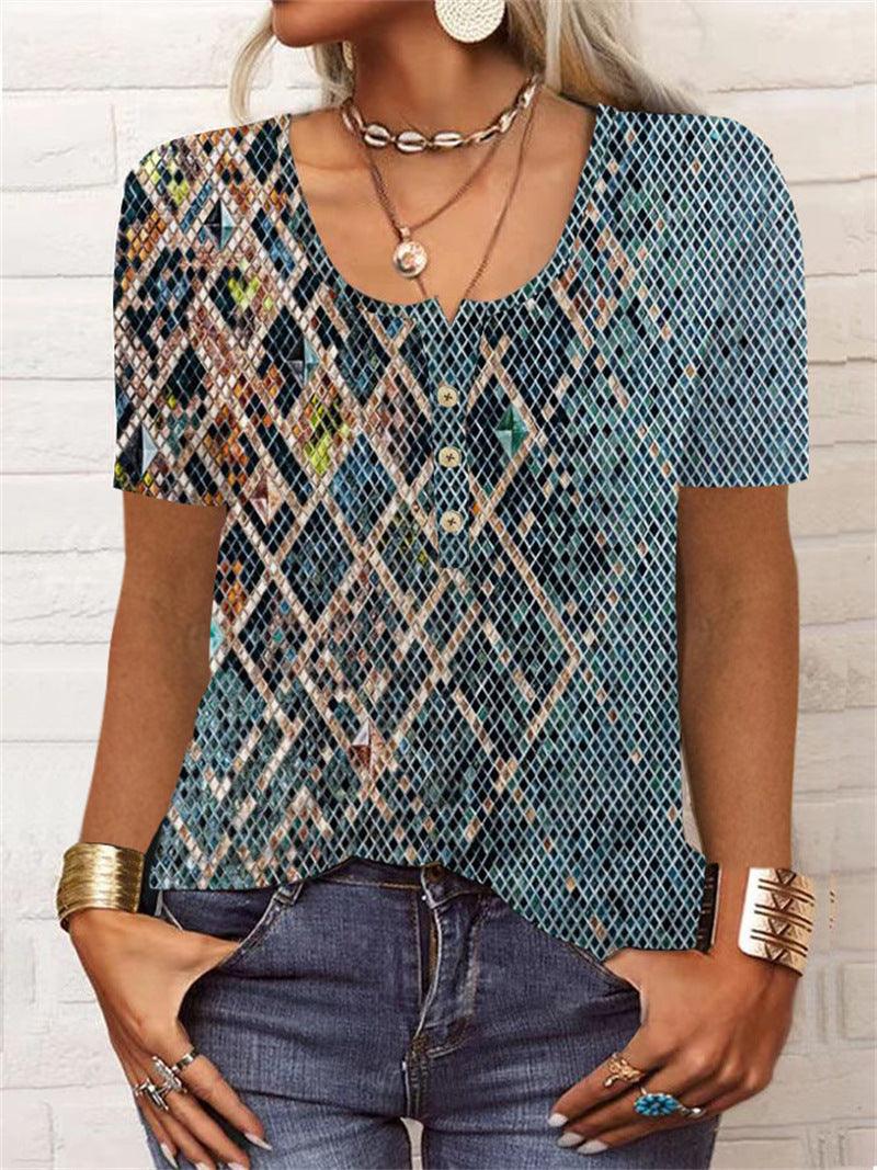 Summer Loose Short Sleeves Geometric Floral U-neck Button T-shirt - Elite Essence Store