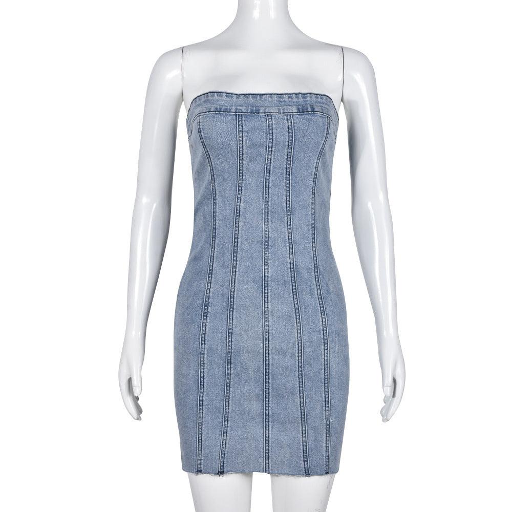 Fashion Backless Tube Denim Dress Summer Sexy Y2K Slim Short Dresses For Women Clothing - Elite Essence Store