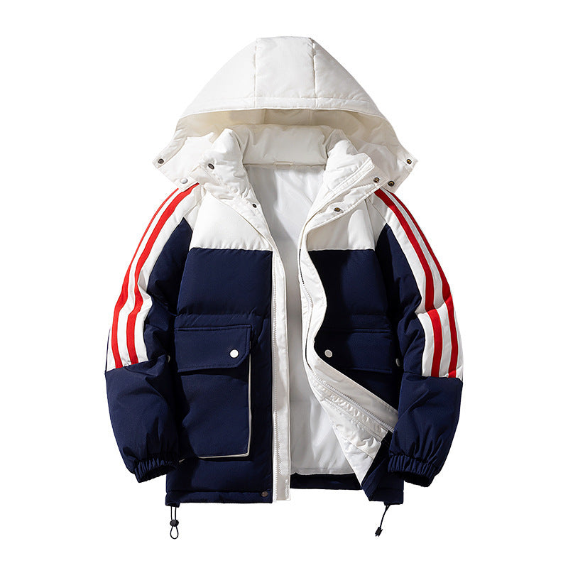 Cotton-padded Coat Large Striped Style With Pockets Color Matching