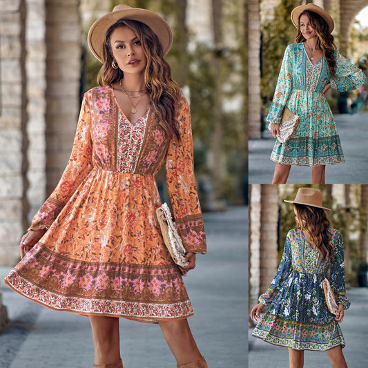 Printed V-neck Waist-controlled Long Sleeves Dress Women - Elite Essence Store