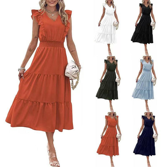 New Ruffled Sleeveless V-Neck Dress Summer Fashion Elastic Waist A-Line Dresses For Womens Clothing - Elite Essence Store